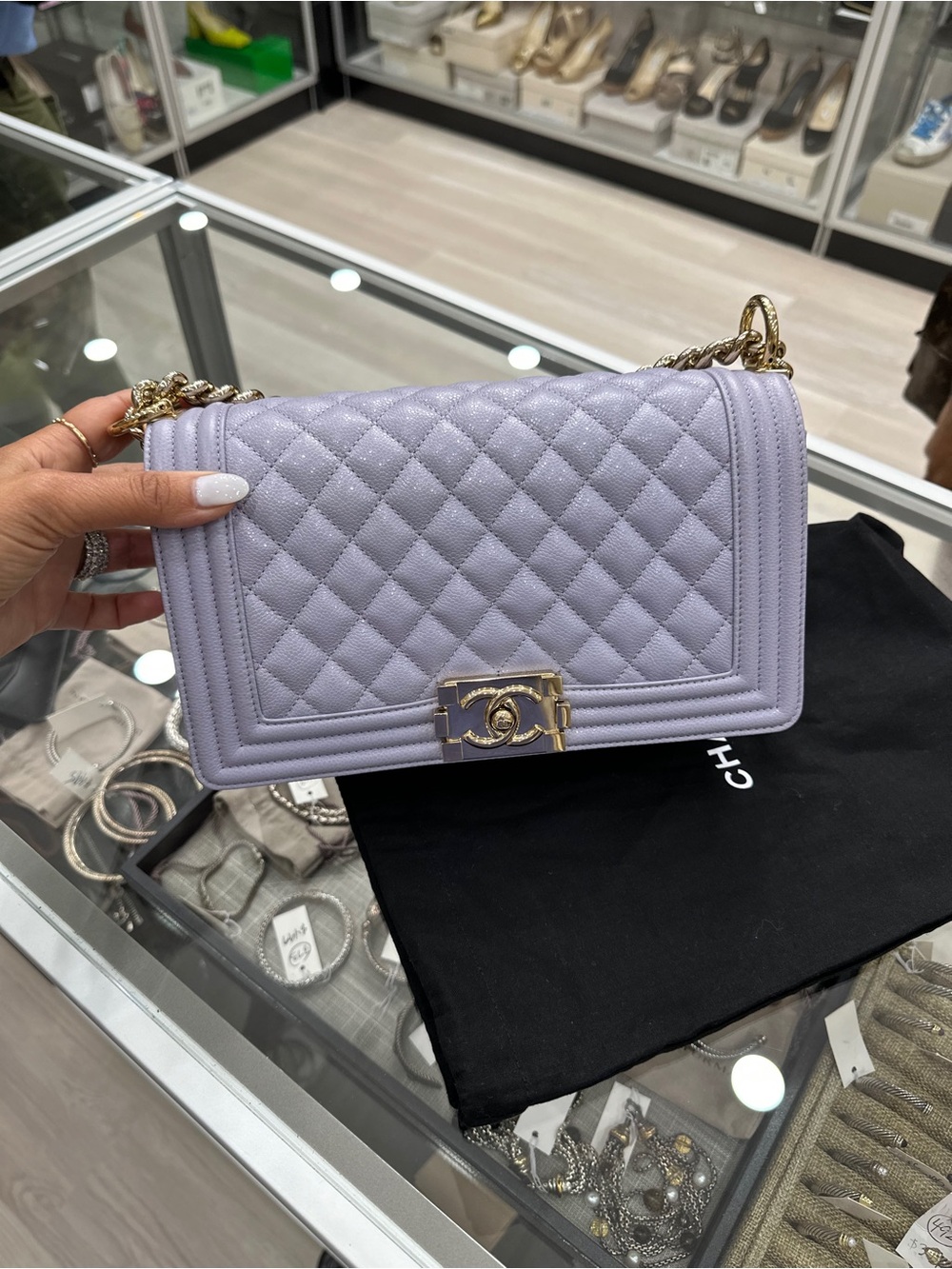 CHANEL Lavender Quilted Boy Shoulder Bag with Gold Hardware